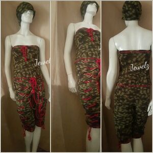 Handmade Camouflage Crochet Strapless Jumpsuit with Red Accents